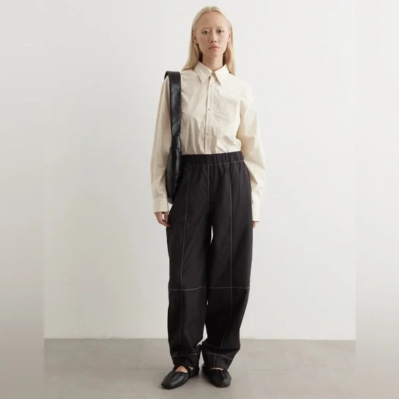 Ganni Elasticized Curve Trouser Pants Barrel Stitching High Rise Crepe Black XS - Picture 2 of 12